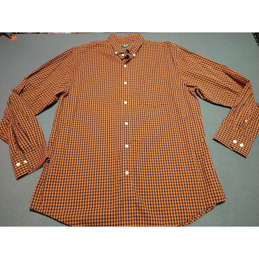 IZOD‎ Button Down Shirt Men L Orange/Black Square Long Sleeve Preppy College...